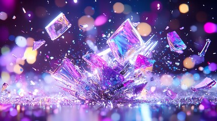 Dynamic Explosion of Shattered Color Pieces on Dark Backdrop with Bokeh Glitter and Fragments Creates a Vibrant Abstract Composition