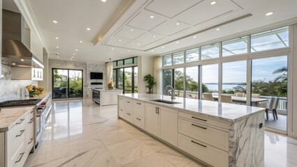 Spacious Modern Kitchen with Marble Countertops and Panoramic View of Nature in Daylight