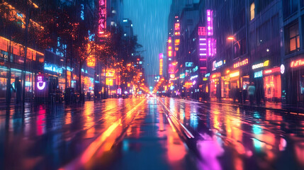 Fototapeta premium A city street with neon lights and rain