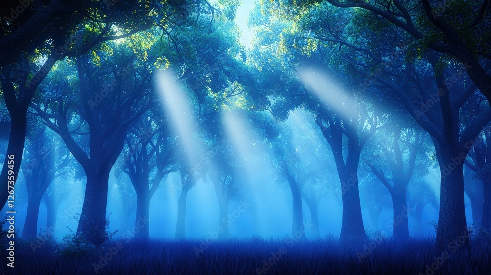 Poster a serene forest scene illuminated by soft rays of light filtering through trees, creating a tranquil