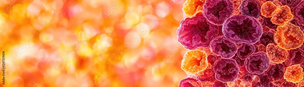 Poster a vibrant, abstract representation of cellular structures, showcasing intricate patterns in orange a