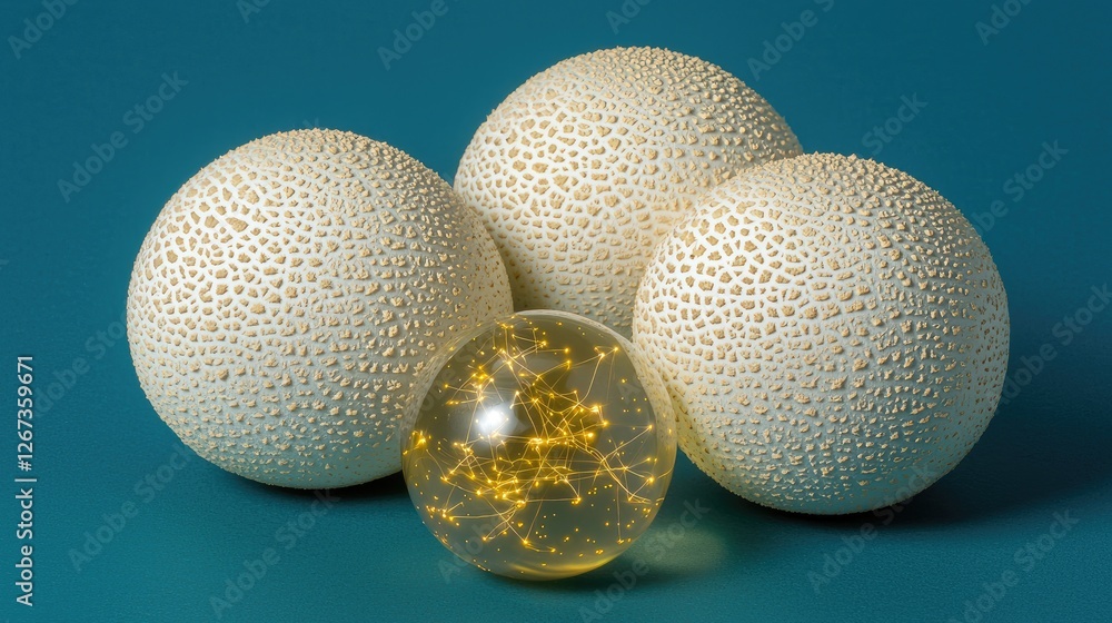 Aufkleber a set of textured spheres with a central glowing orb, creating a striking visual contrast against a 