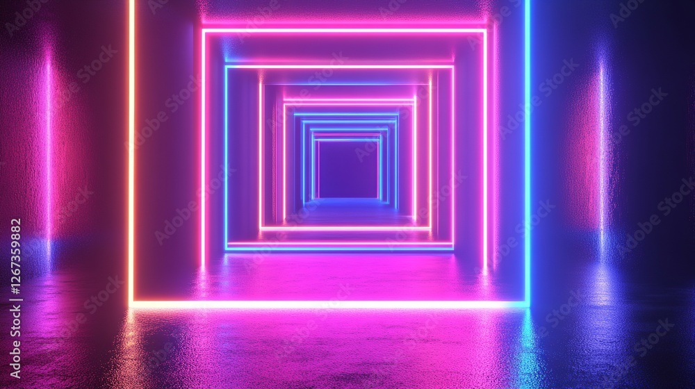 Aufkleber 3d square and neon light line dark blue background, blue technology background with glowing cubes 3d