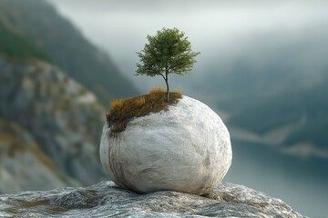 Obraz premium Lone tree growing on a rock in a mountain landscape