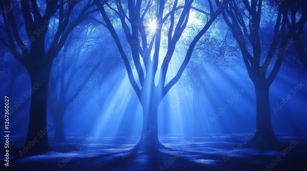 Aufkleber a serene nighttime forest scene illuminated by blue light, showcasing tall trees with soft rays filt