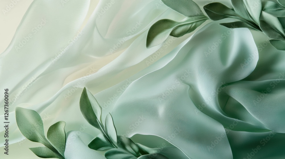 Aufkleber Soft green fabric draping elegantly with leaves intertwined, creating a serene backdrop for design inspiration. Generative AI