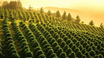 Fototapeta premium Lush Green Coffee Plantation Hillside Sunrise
