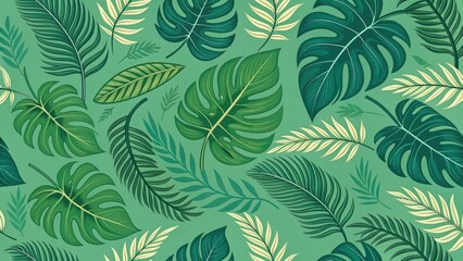 Vibrant Botanical Leaf Pattern with Various Green Foliage on Soft Blue Background