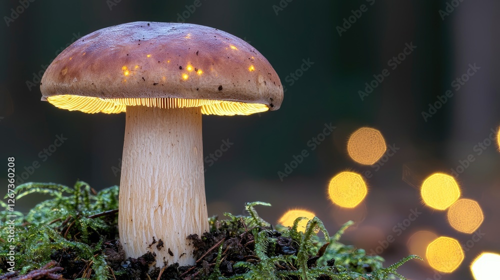 Poster a beautifully lit mushroom stands amidst soft moss, creating a magical atmosphere in a forest settin