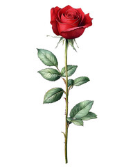 Fototapeta premium A delicate watercolor illustration of a single red rose on a long stem with lush green leaves.