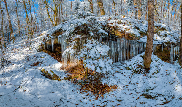 Dahner Felsenland after rainy days frost comes and with it many icicles that grow on the various rocks, fascinating shapes and structures
