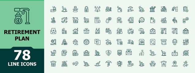 Retirement Plan minimal icon set. Containing family, savings, planning and more. Minimalistic icons. Modern vector illustration.