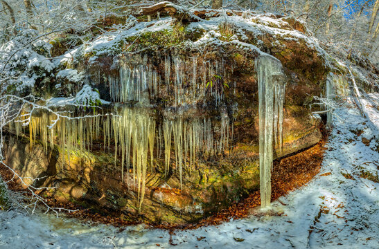 Dahner Felsenland after rainy days frost comes and with it many icicles that grow on the various rocks, fascinating shapes and structures