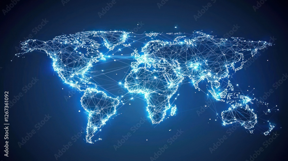 Poster global network connections world map data visualization blue background