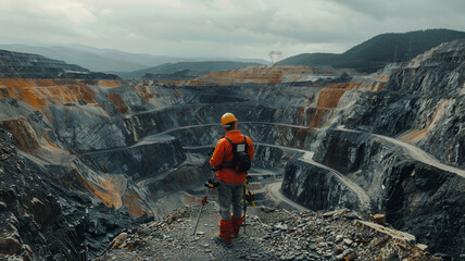A mining surveyor uses a GPS device to measure the depth of an open-pit mine, ensuring the excavation is accurate and follows safe procedures to uncover valuable minerals hidden beneath the earth.