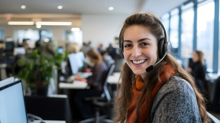Cheerful customer service representative assisting clients in a modern office setting during working hours