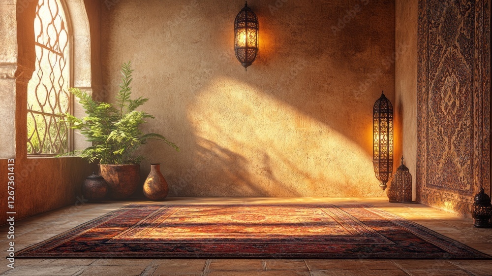 Poster soft rays of light illuminate a serene prayer room, highlighting intricate carpets and lanterns. lus