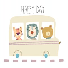 baby shower invitation animal edition. Wildlife car illustration