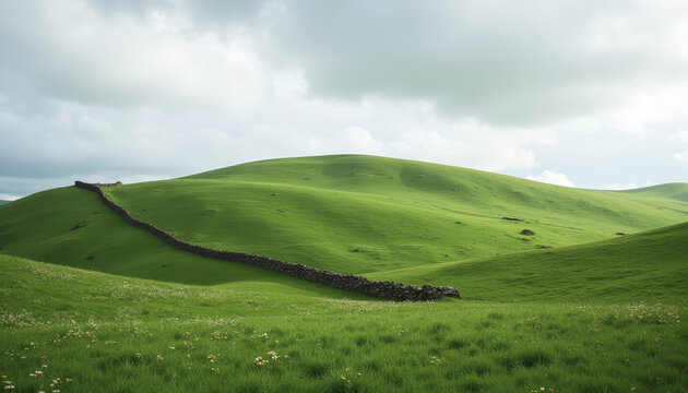 Irish landscape with rolling green hills and stone wall under cloudy sky, peaceful countryside