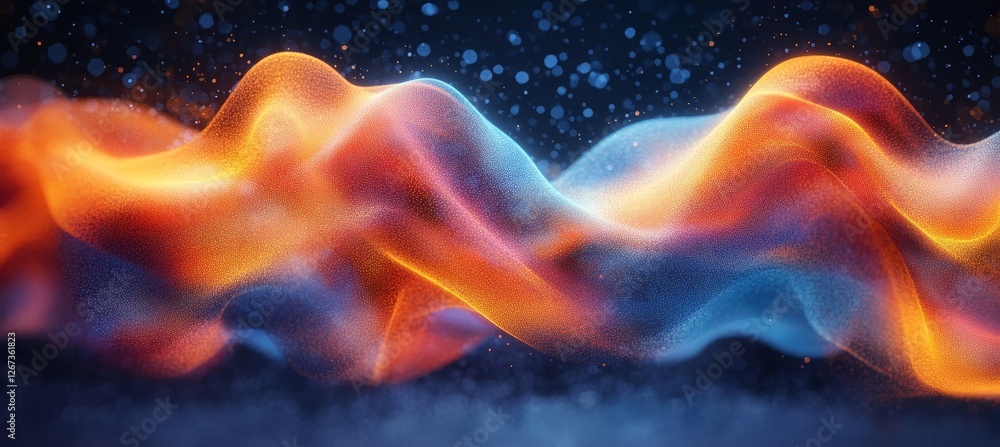 Poster abstract wave with particles moving in a flowing pattern, 3d render. orange, yellow and blue colors.