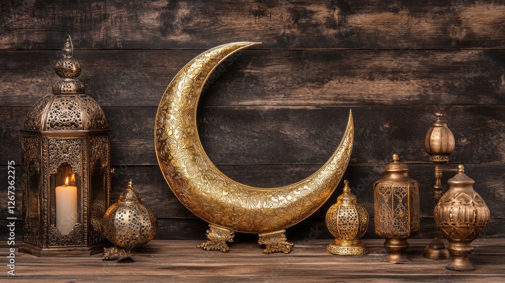 Poster gleaming gold crescent moon rests gracefully on a rustic wooden table, surrounded by intricately des