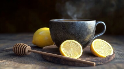 Warm Cup of Tea with Fresh Lemon and Honey on Wooden Table