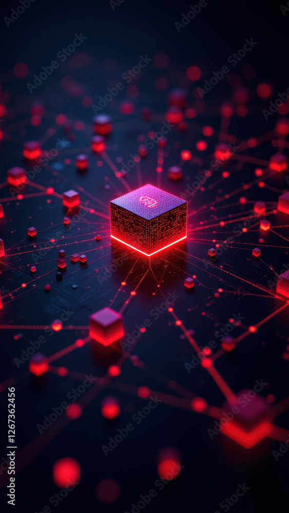 Poster cybersecurity graphic with network nodes forming a cube shape against a dark background.