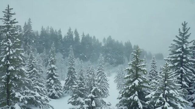 Scenic footage winter forest landscape fresh snow gently falling slow motion camera tilting upward immersive effect