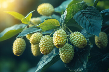 Cluster of Pale Yellow Mulberries Ripening on a Leafy Branch