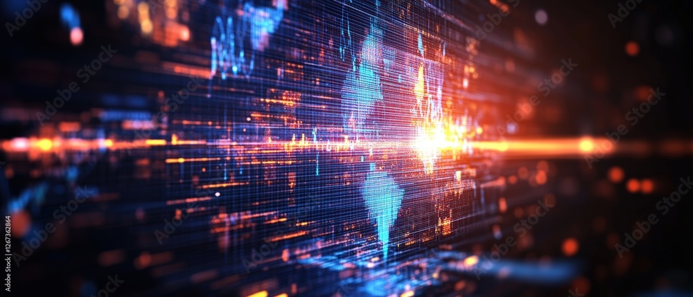 Poster digital background with glowing blue and orange lights and a business growth graph data chart diagra