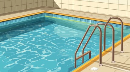 Obraz premium Empty indoor swimming pool with steps, sunny day, tiled walls. Possible use tourism, travel, or interior design