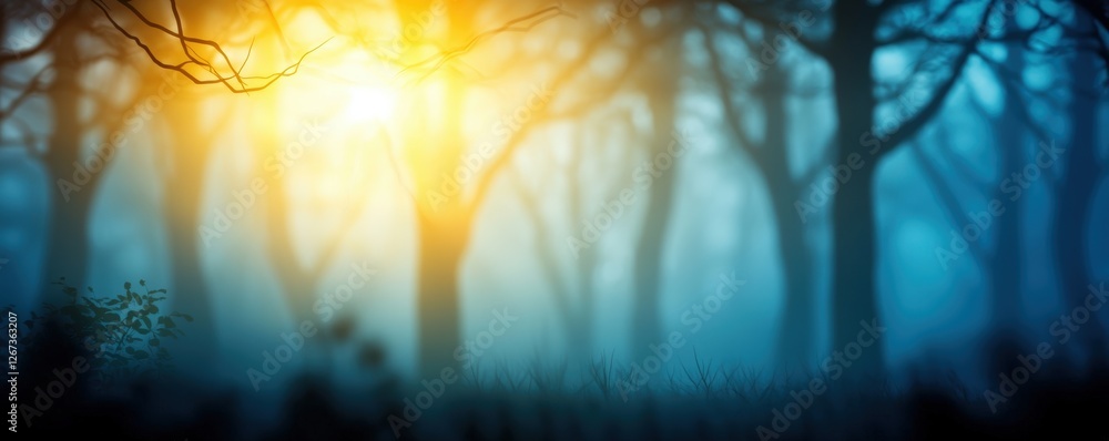 Poster a misty forest scene with soft, glowing light filtering through trees, creating an ethereal atmosphe