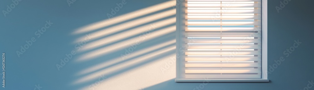 Poster sunlight streaming through blinds on a calm blue wall creating soft shadow patterns and warm atmosph