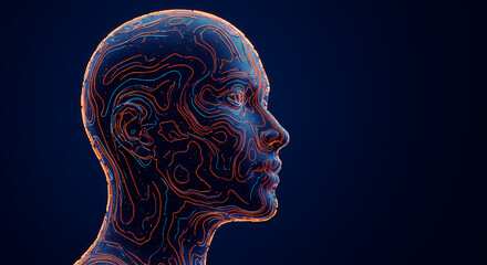 Naklejka premium ** Digital Mindscape: Abstract AI Head with Topographic Lines in Orange & Blue | Futuristic Tech, Artificial Intelligence Concept