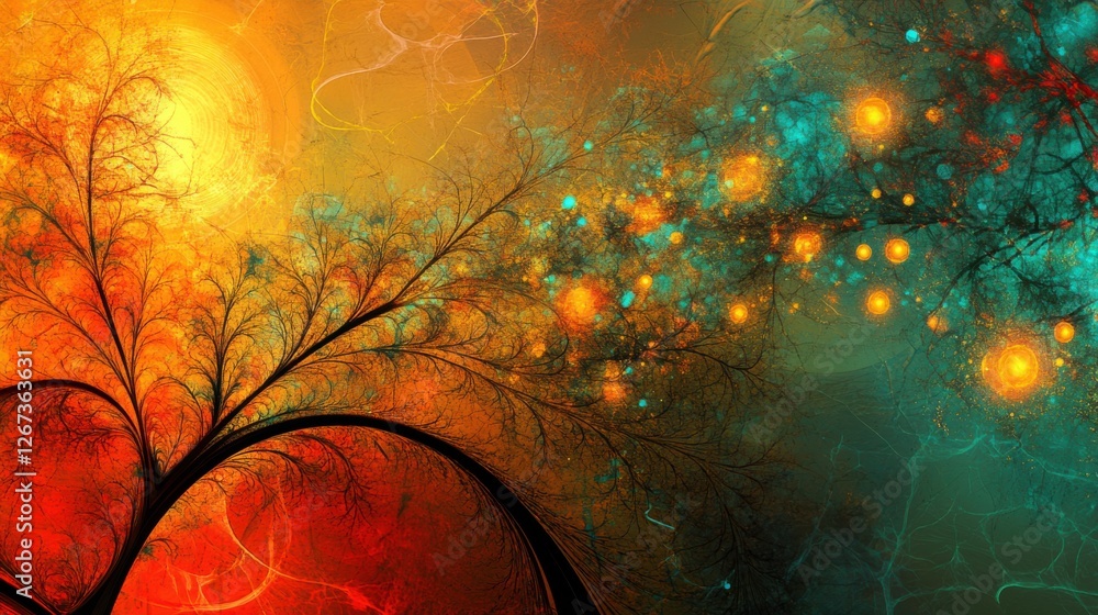 Poster abstract colorful tree design with fractal patterns and vibrant hues