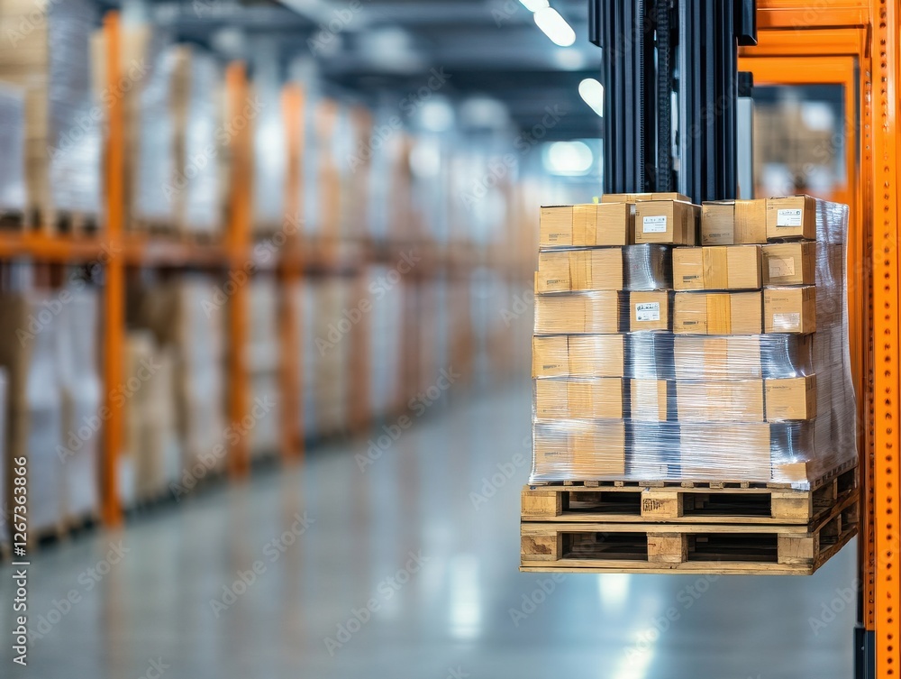 Poster a focused view of a warehouse with stacked boxes on pallets, showcasing efficient storage and invent
