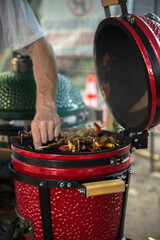 camping barbeque shish kebab grilled on a kamado oven	