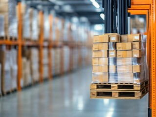 A focused view of a warehouse with stacked boxes on pallets, showcasing efficient storage and inventory management.
