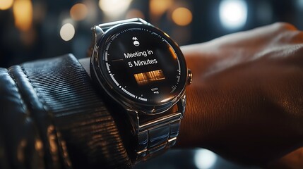 Fototapeta premium Digital Smartwatch Display Interface with Training Status Text on Premium Watch Face Creating Modern Wearable Technology Environment with Ambient Evening Lighting