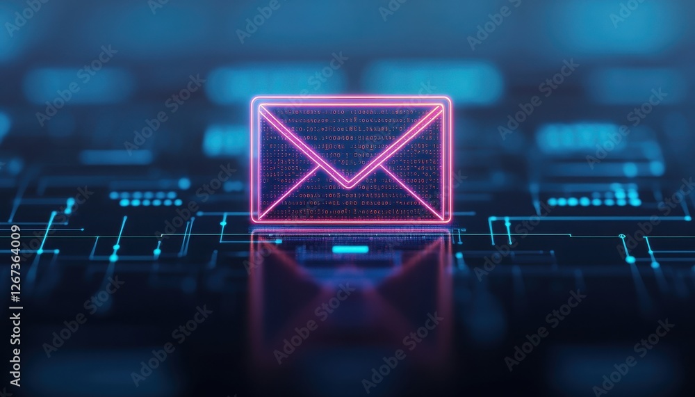 Poster a glowing neon envelope icon symbolizes digital communication technology on a futuristic background 