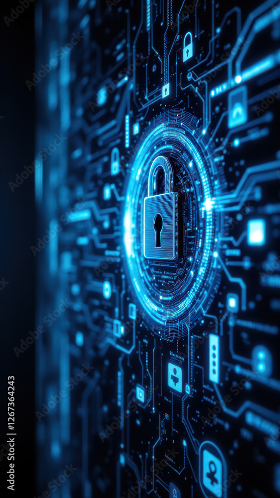 Poster a close-up view of a digital lock on a network display with glowing blue cybernetic elements.