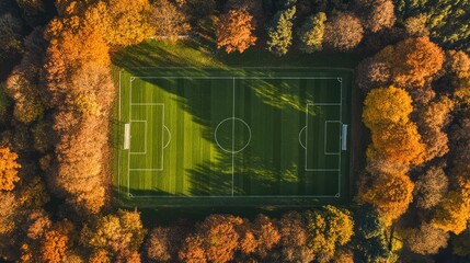 Drone, aerial of a local football pitch in the UK. Shadows coming off the trees.