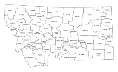 State of Montana subdivided into 56 counties, outline map. State in the Mountain West region of the United States, nicknamed Big Sky Country, and Treasure State. Map with boundaries and county names.