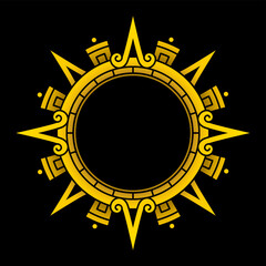 Golden Aztec solar disk, sun symbol, and diadem, representing the Aztec sun deity Tonatiuh. Arrows or sun rays pointing in cardinal directions, with further subdivisions for inter-cardinal directions.