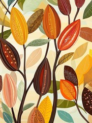 Autumn-inspired botanical illustration with cocoa pods and vibrant leaves