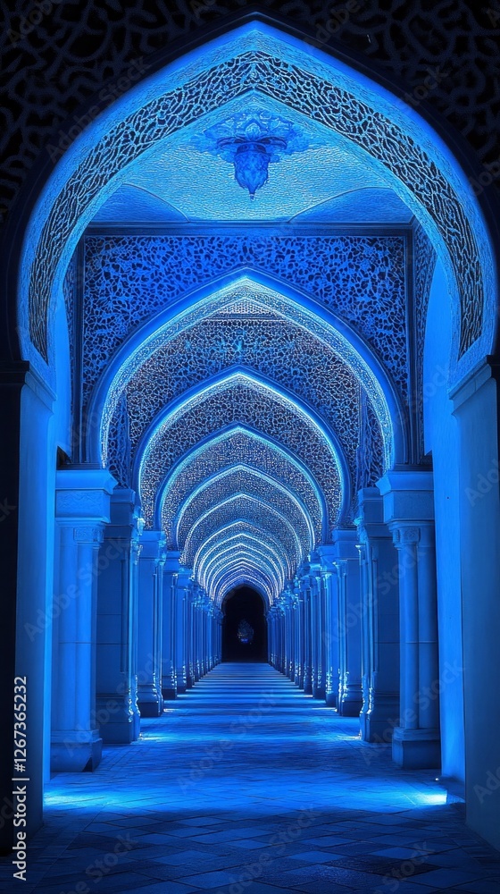 Poster a breathtaking archway glows with rich blue hues, illuminating the elaborate patterns of islamic arc
