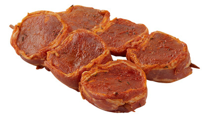 Pork marinated in red sauce on skewers cut out isolated transparent background