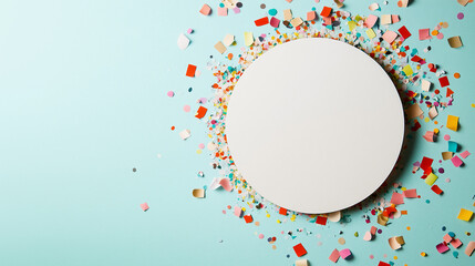 Colorful confetti dispersed around a prominent white circle on a light blue background, generating a lively and celebratory vibe, great for party or festive occasions.