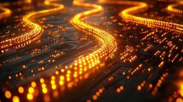 Glowing data streams flow on circuit board, tech background