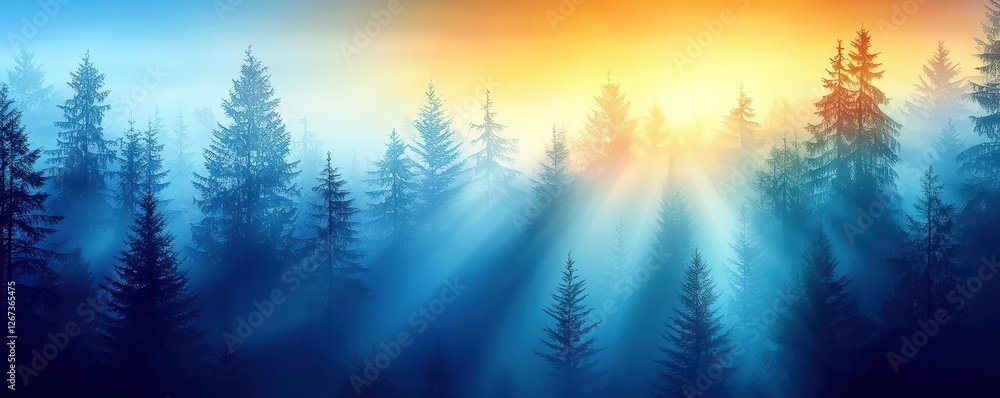 Poster a serene forest scene at dawn, with sunlight filtering through misty trees, creating a tranquil atmo